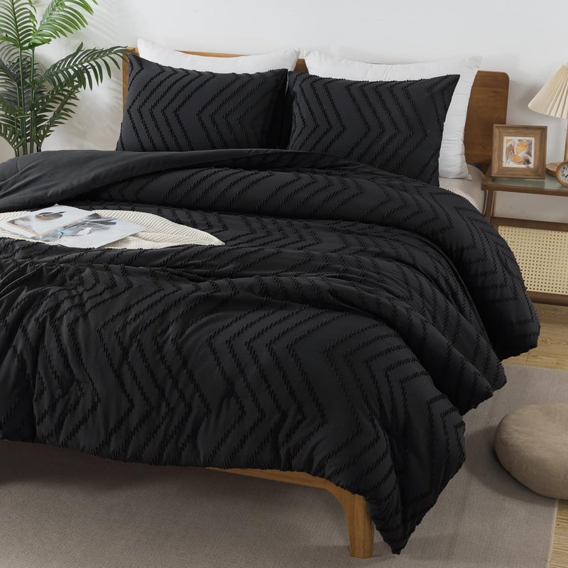 Andency طقم لحاف Andency Black Twin/Twin XL، لحاف سرير مزدوج للسكن الجامعي والبنات والأولاد والأطفال بوهو ناعم ودافئ لطيف، طقم سرير بوهيمي جمالي مكون من قطعتين - Image 1